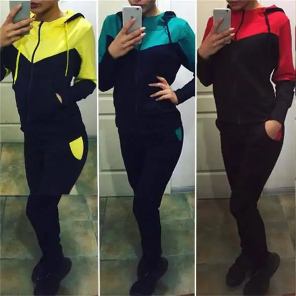 

2Pcs Women Zipper Tracksuits Set Patchwork Hoodies Sweatshirt Pants Autumn Winter Casual Sport Suits