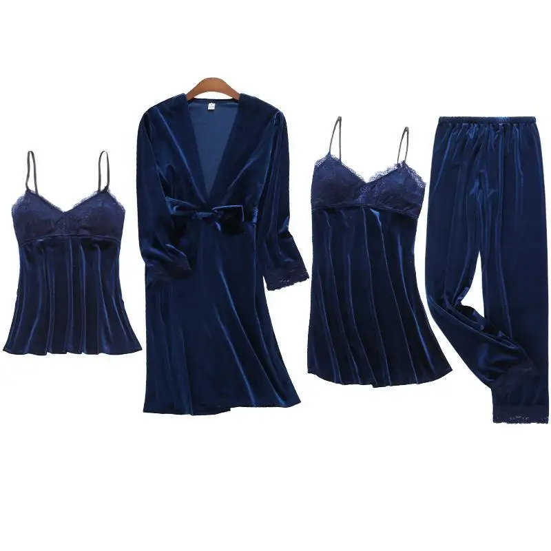 

Pink Velour Women Pajamas Set Sexy Lace 4PCS Sleepwear Autumn Winter Pyjamas Suit Female Velvet Sleep Set Casual Home Clothing