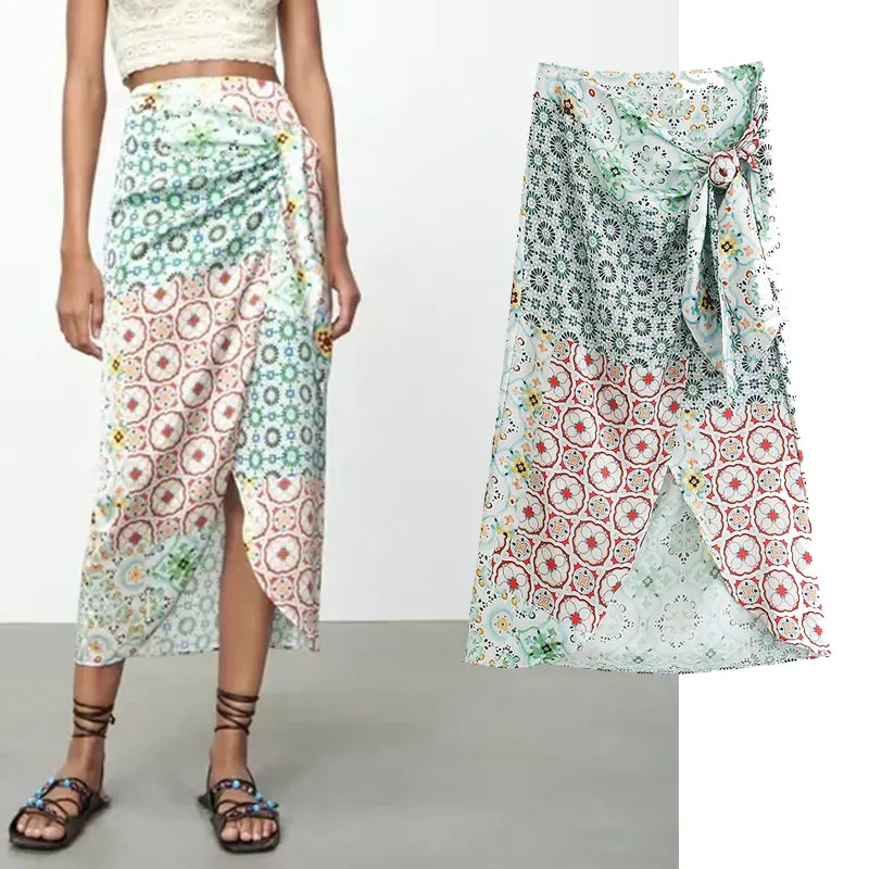 

Nlzgmsj Za Women Skirt 2021 Patchwork Wrap Long Skirts Woman High Waist Midi Summer Skirt Fashion Knot Slit Elegant Skirt 202106