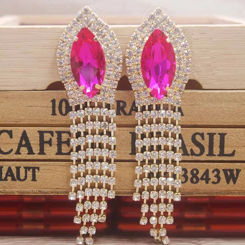 Новый дизайн большие ярко розовые стразы Серьги AB кристалл Длинная кисточка
