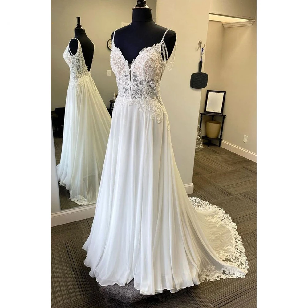 

Lace Appliques Wedding Dress Spaghetti Straps Sweetheart Wedding Gown White Bridal Dress A line Chiffon Bridal Dress