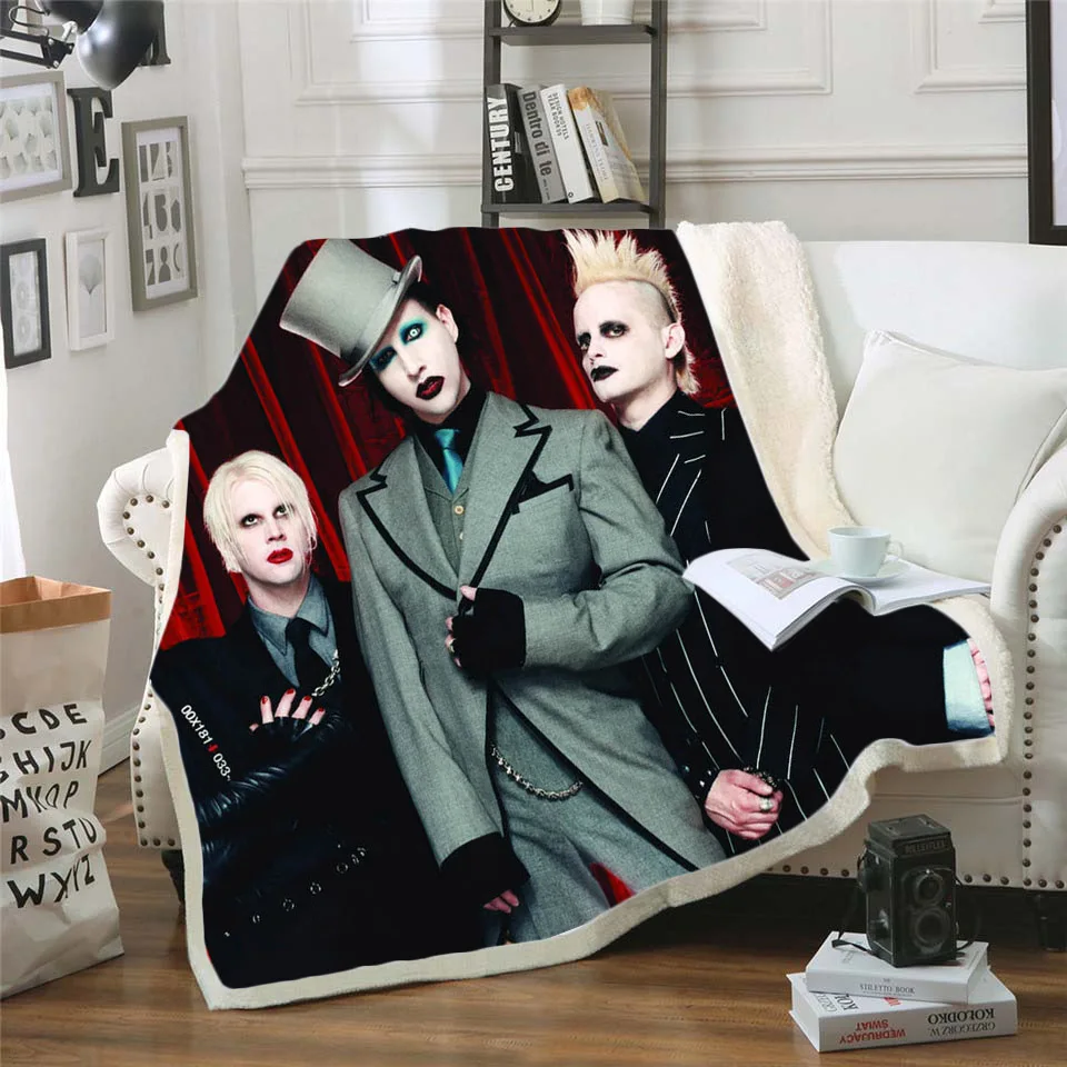 

Singer Marilyn Manson 3D Sherpa Blanket Velvet Plush Throw Fleece Blanket Bedspread Couch Sofa Quilt Cover Travel Bedding 04