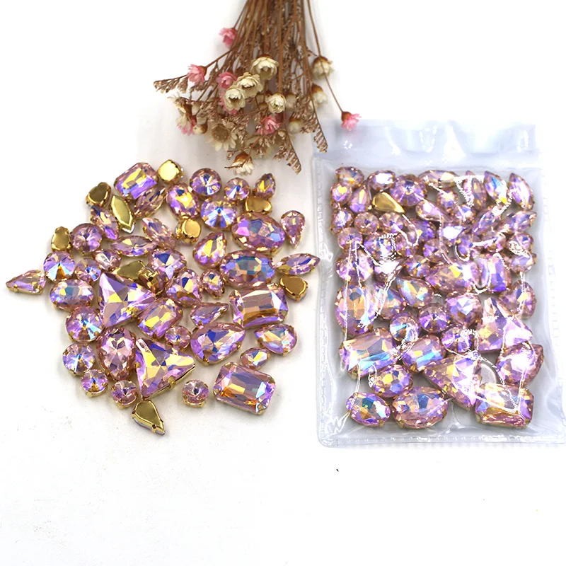 

Распродажа! Смешанные розовые стразы AB для пришивания стекла с золотым основанием, аксессуары для одежды diy