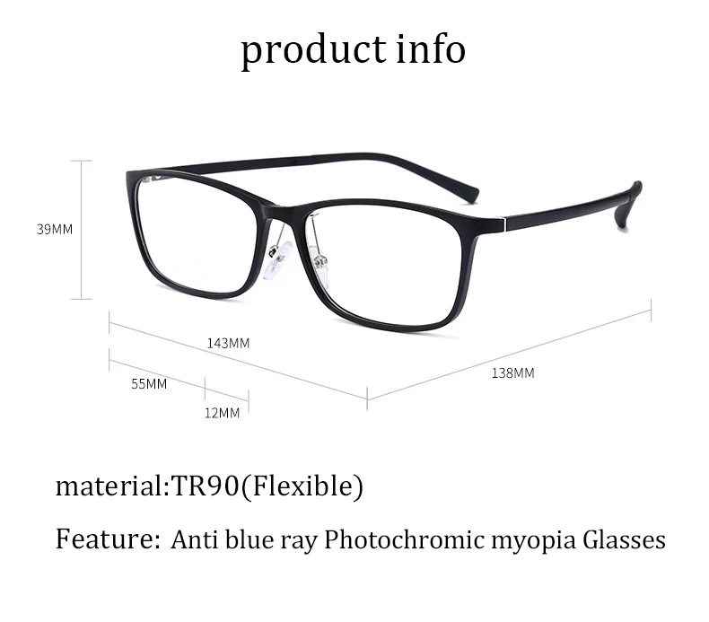 

Discoloration Myopia Sunglasses Men TR90 Flexible Nerd Eyeglasses Anti Radiation for Women Thin Rectangular Lens Frame minus -50