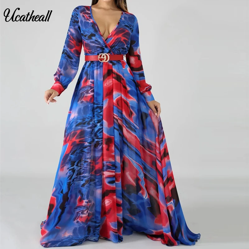 Платье с длинными рукавами глубоким v образным вырезом принтом длинное платье