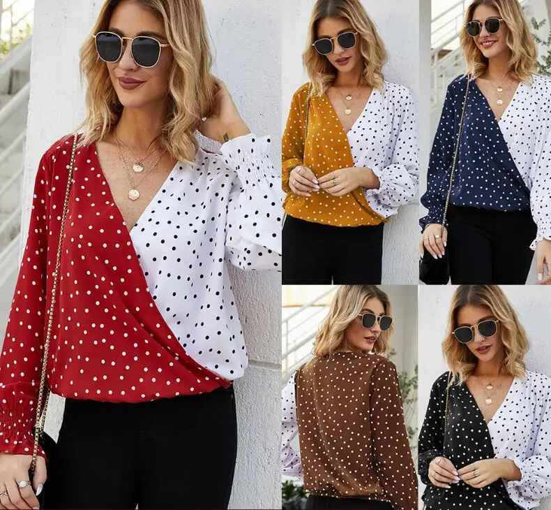 

Womens Summer Casual Polka Dots V-neck Shirt Patchwork Blouse Tops