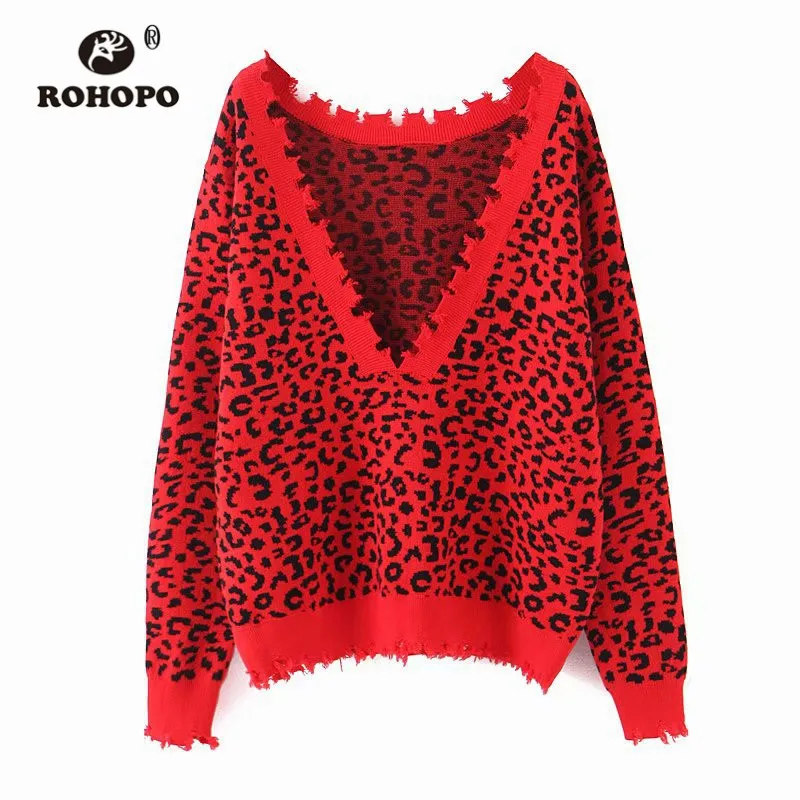 ROHOPO черный леопардовый длинный рукав с открытой спиной кисточкой подол красный