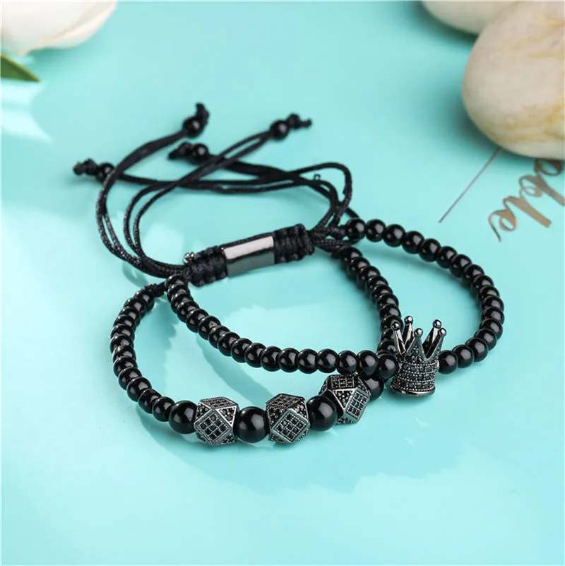 Мужской 4/6 мм натуральный черный оникс браслеты с бусинами из камня двухслойные CZ