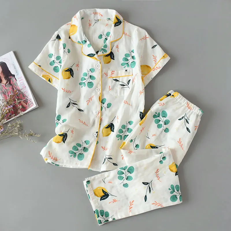 

Japanese Kimono Summer Pajamas Ladies Yukata Short-sleeved Trousers Cotton Gauze Cardigan Thin Section Homewear Suit Traditional