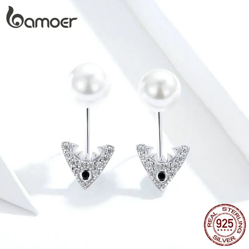 Bamoer, жемчужные серьги для женщин, Стерлинговое серебро 925, Акула, подвеска в виде животного, серьги для женщин, модные ювелирные изделия, Brincos, новинка, SCE773