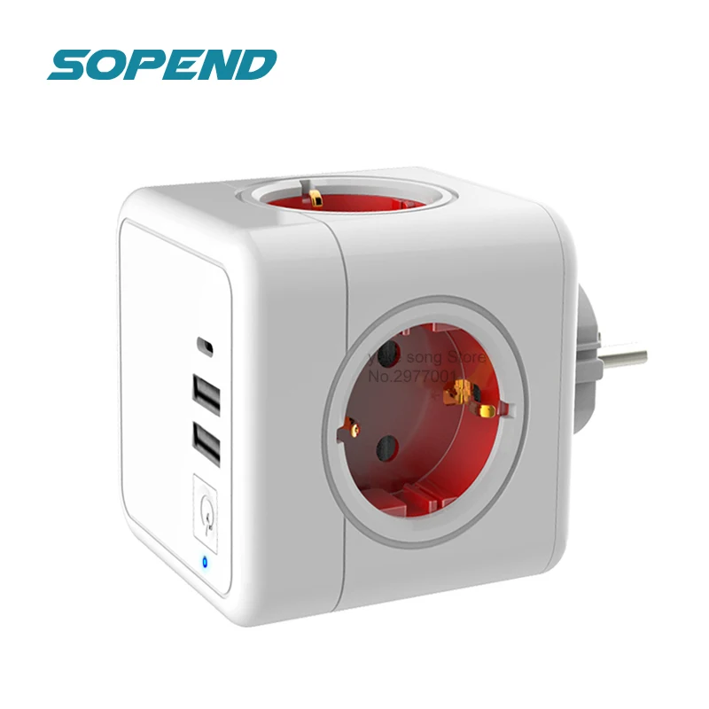 Sopend Power Strip EU Plug cube умная розетка 2 USB с переключателем Type C порты Электрический