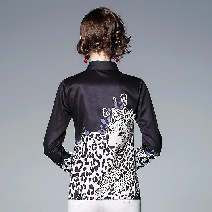 

Women's spring autumn Long sleeve leopard satin shirt female contrast color casual basic OL Shirt plus size chic Blouse TB784