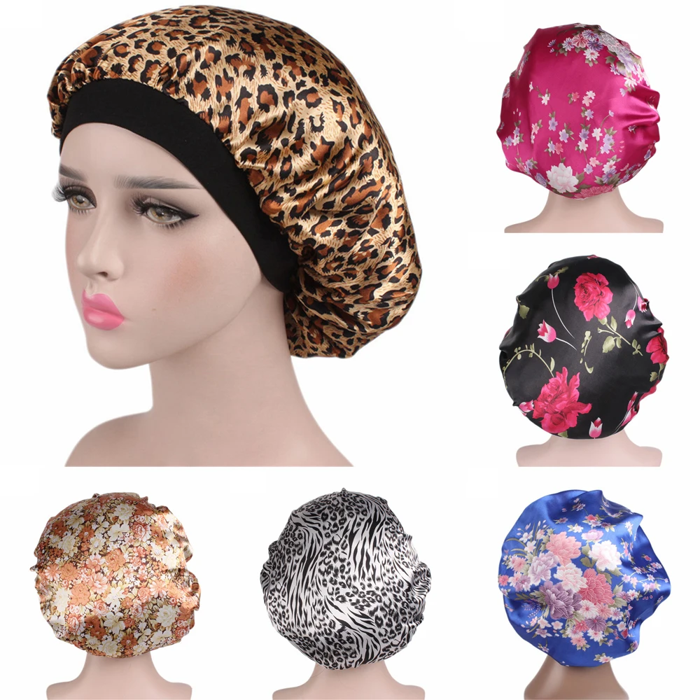 

Sale Head Cover Satin Night Sleep Cap Wide Band Adjustable Elastic Hat Hair Care Bonnet Women Home Floral Casual Sleep Cap D30