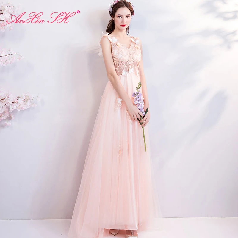 

AnXin SH princess pink lace flower luxury sleeveless vintage v neck illusion beading butterfly a line evening dress 5118t