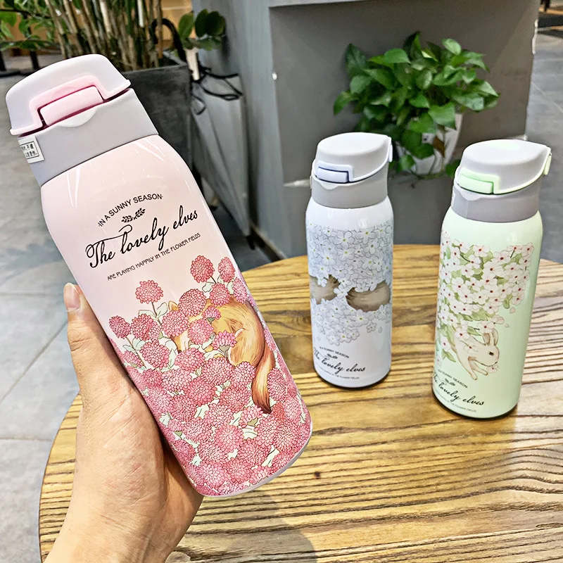 Термос из нержавеющей стали с цветочным принтом животных 350 мл/480 мл теплая чашка