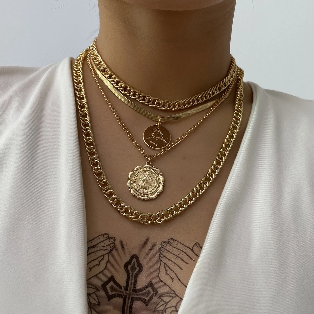 

Multi Layered Miami Cuban Choker Necklace for Women Gold Color Thick Chunky Chain Portrait Coin Pendant Necklace Fashion Jewelry