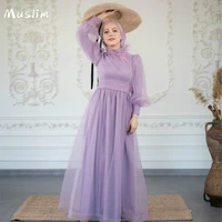 elegant lilac dubai muslim evening dress vintage long sleeve high neck arabic prom dresses with sash moroccan robe de soir%c3%a9e