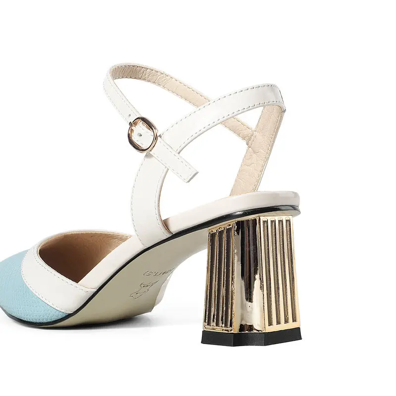 

Genuine Leather Women's Sandals Buckle Fashion Gingham Elegant Party Shoes Shallow High Heels Style Sandals