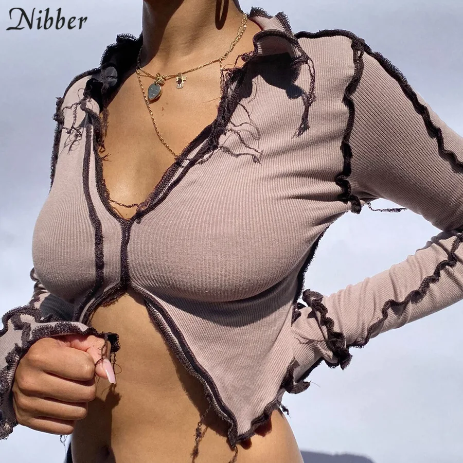 Кроп топ Nibber женский в стиле пэчворк пикантная Сетчатая футболка с длинным - Фото №1