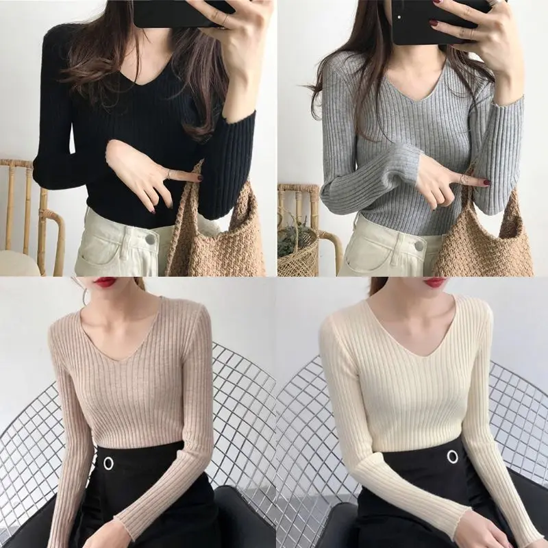 Women Basic V-Neck Sweater Solid Color Ribbed Knit Striped Pullover Jumper Tops | Женская одежда