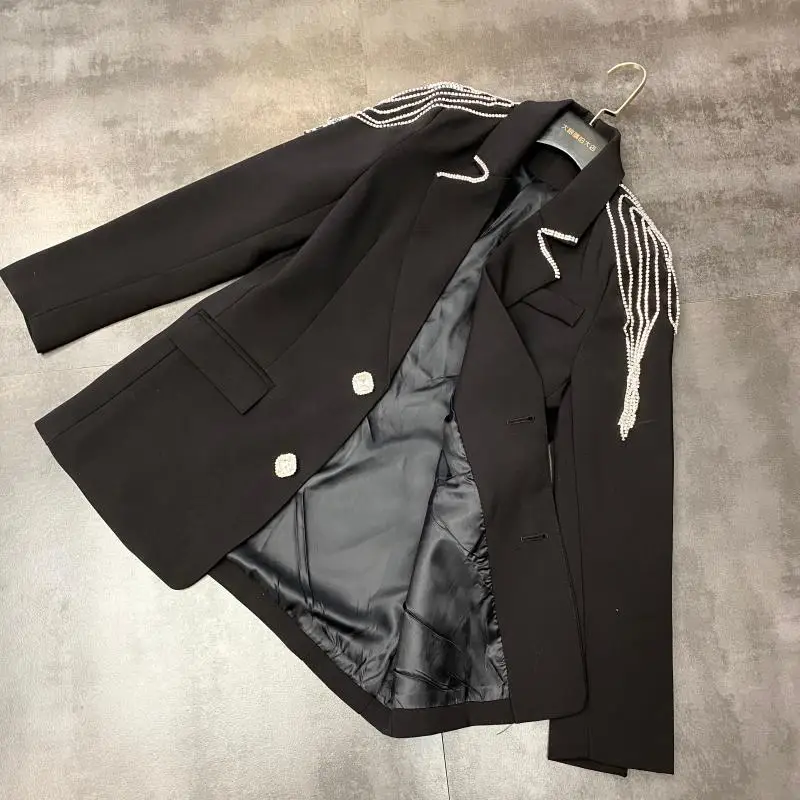 

Applique Ladies Heavy Craft Diamond Chain Fringe Ladies Jacket Outerwear2021New Ladies Fall Winter Long Sleeve Fashion Top Jacke
