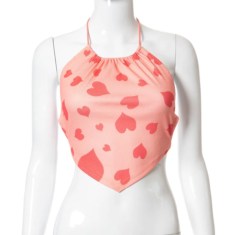 

ALLNeon 2000s Fashion Backless Floral Print Crop Tops Y2K Aesthetics Pink Heart Pattern Criss-Cross Kawaii Halter Tank Tops Cute