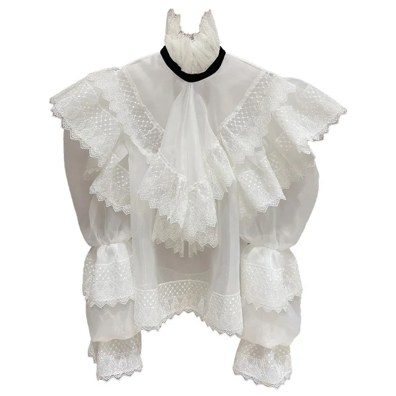 

VGH White Elegant Shirts For Women Stand Collar Flare Long Sleeve Patchwork Ruffle Lace Casual Blouses Female 2021 Fashion Style