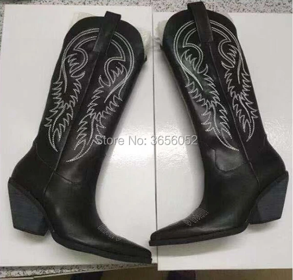 Qianruiti Black White Blue Red Embroidered Leather Botines Mujer 2019 Autumn Winter Shoes Women Western Cowboy Long Riding Boots | Обувь
