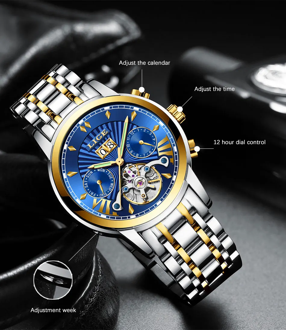 LIGE мужские s часы Топ люксовый бренд Tourbillon автоматические механические часы мужские водонепроницаемые часы со скелетом Montre Homme+ коробка