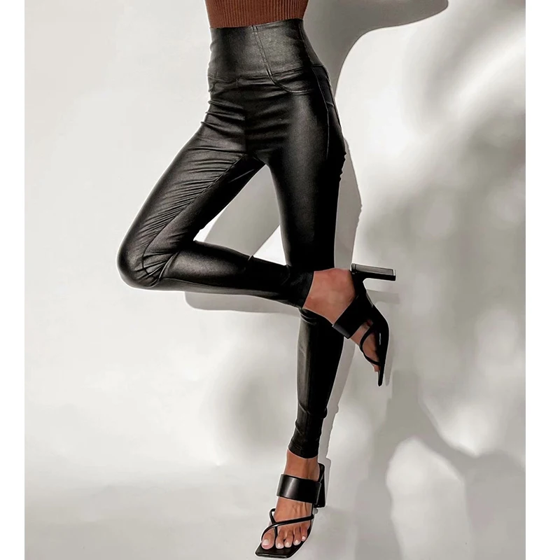 Сексуальные женские брюки из искусственной кожи YENKYE, женские черные брюки, осенние элегантные офисные женские узкие винтажные брюки с высо...