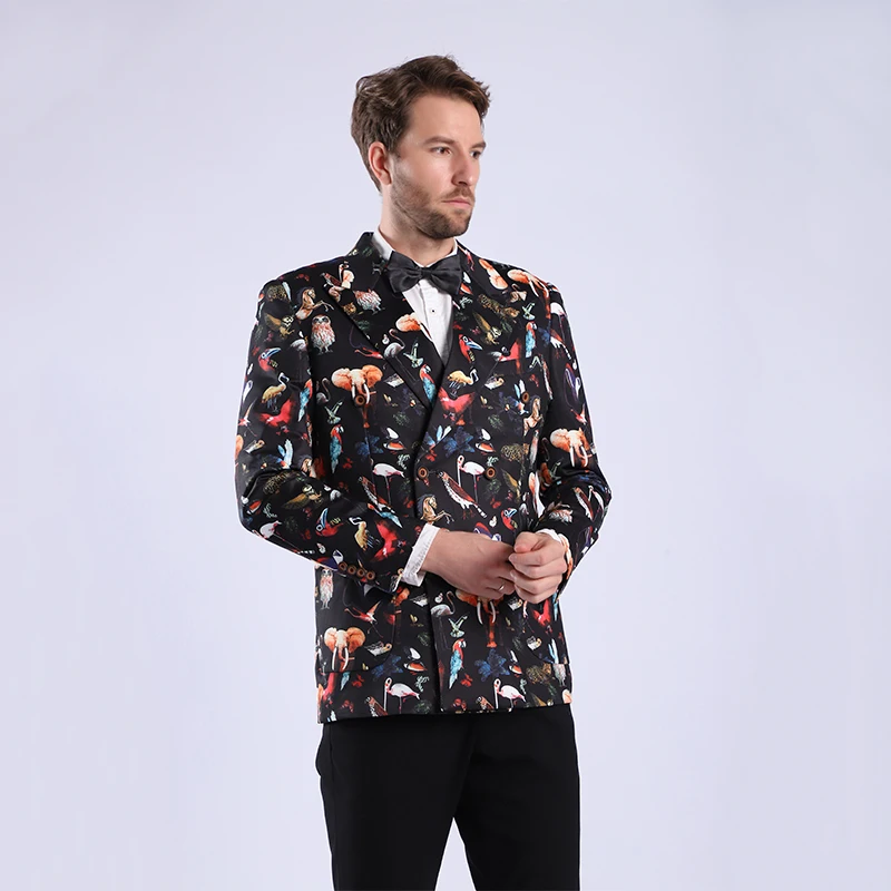 Мужской двубортный пиджак с принтом птицы черный приталенный 58 Повседневные