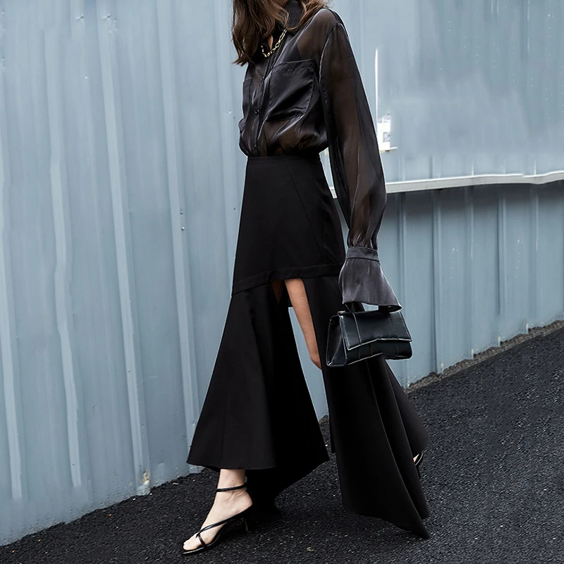 

[EAM] High Waist Black Irregular Ruffles Long Temperament Half-body Skirt Women Fashion Tide New Spring Autumn 2021 1T613