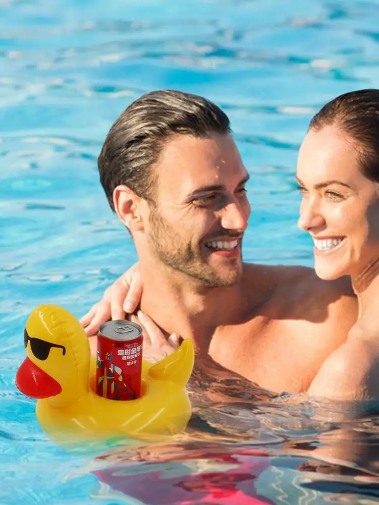 Monopat&iacute;n de pato amarillo para piscina, portavasos inflable flotante para bebidas, gafas de sol de verano-2