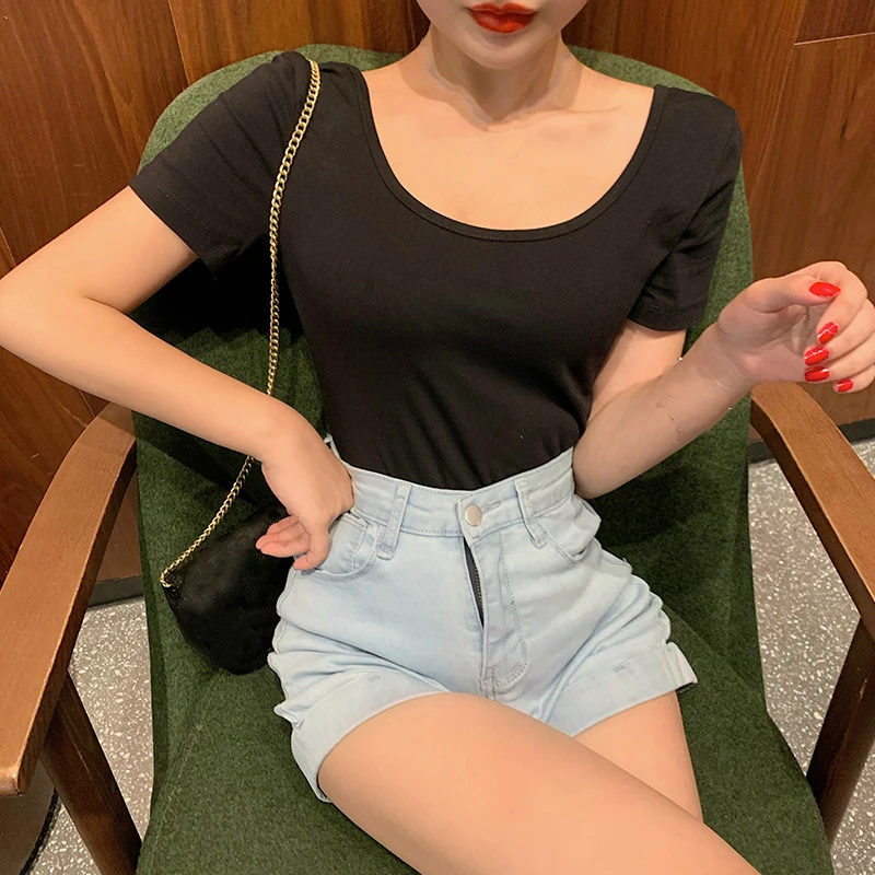 

Female Oversized Cute T Shirt Short Sleeve Top Backless Slim Sexy Summer Cotton Tshirt Black T-shirt Casual Girl Tee Shirt Femme