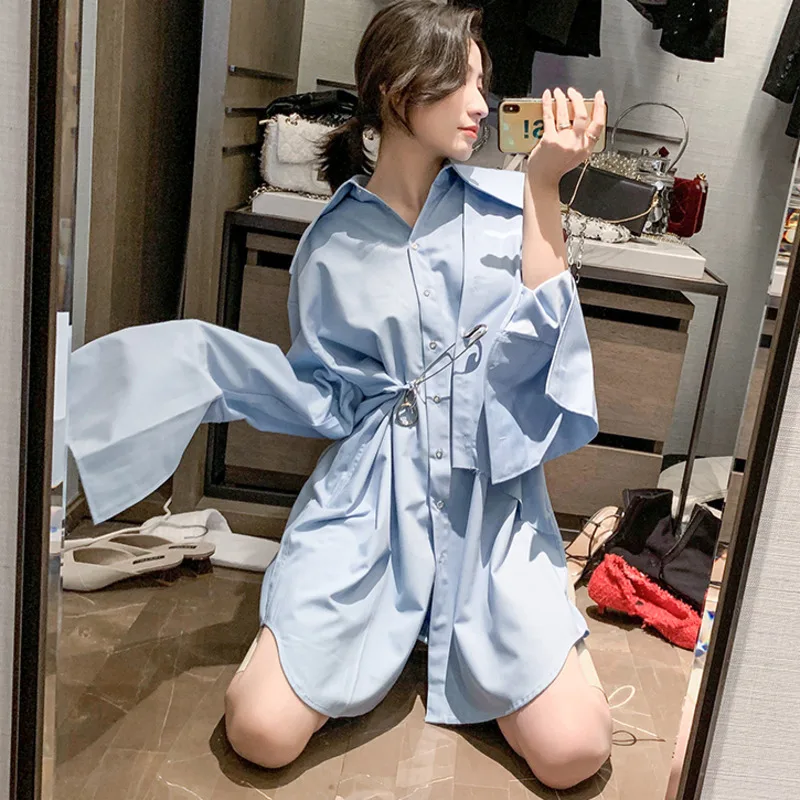 Женское платье-рубашка с длинным рукавом [EWQ] голубое в Корейском стиле модель QZ805