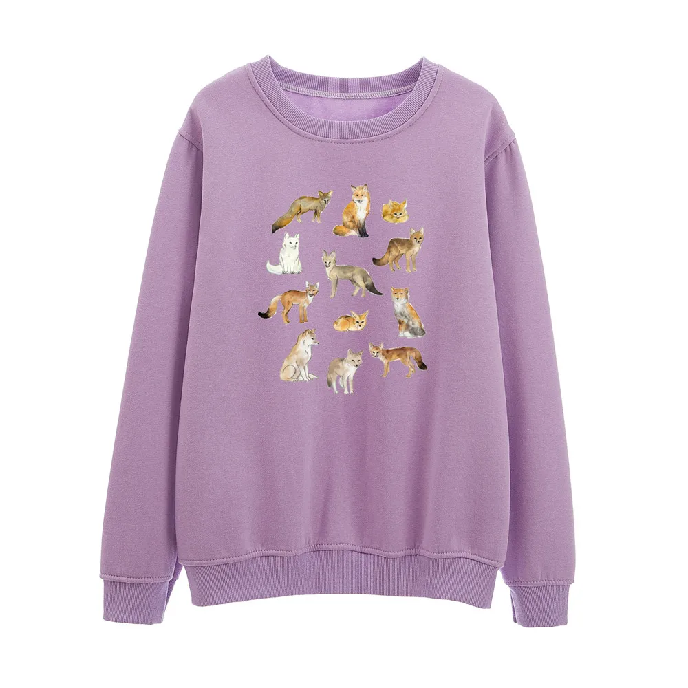 Women Sweetshirts Autumn Velvet Cute Tops for Teen Girls Aesthetic Sweatshirt Crewneck Pullover Hoodie Cute Cartoon Print Foxes
