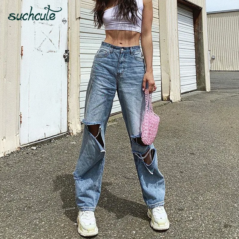 SUCHCUTE Hole Jeans Women Wide Leg Denim Pants Plus Size Punk Korean Style Trouser Casual Korean Style Harajuku Female Joggers