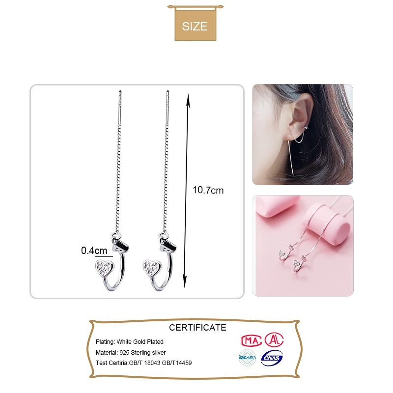 Trusta,,, 925, Настоящее серебро, серьги, клипса с 9 см линией, красивые, для девушек-подростков, для женщин, 925,, ювелирное изделие, DS1377