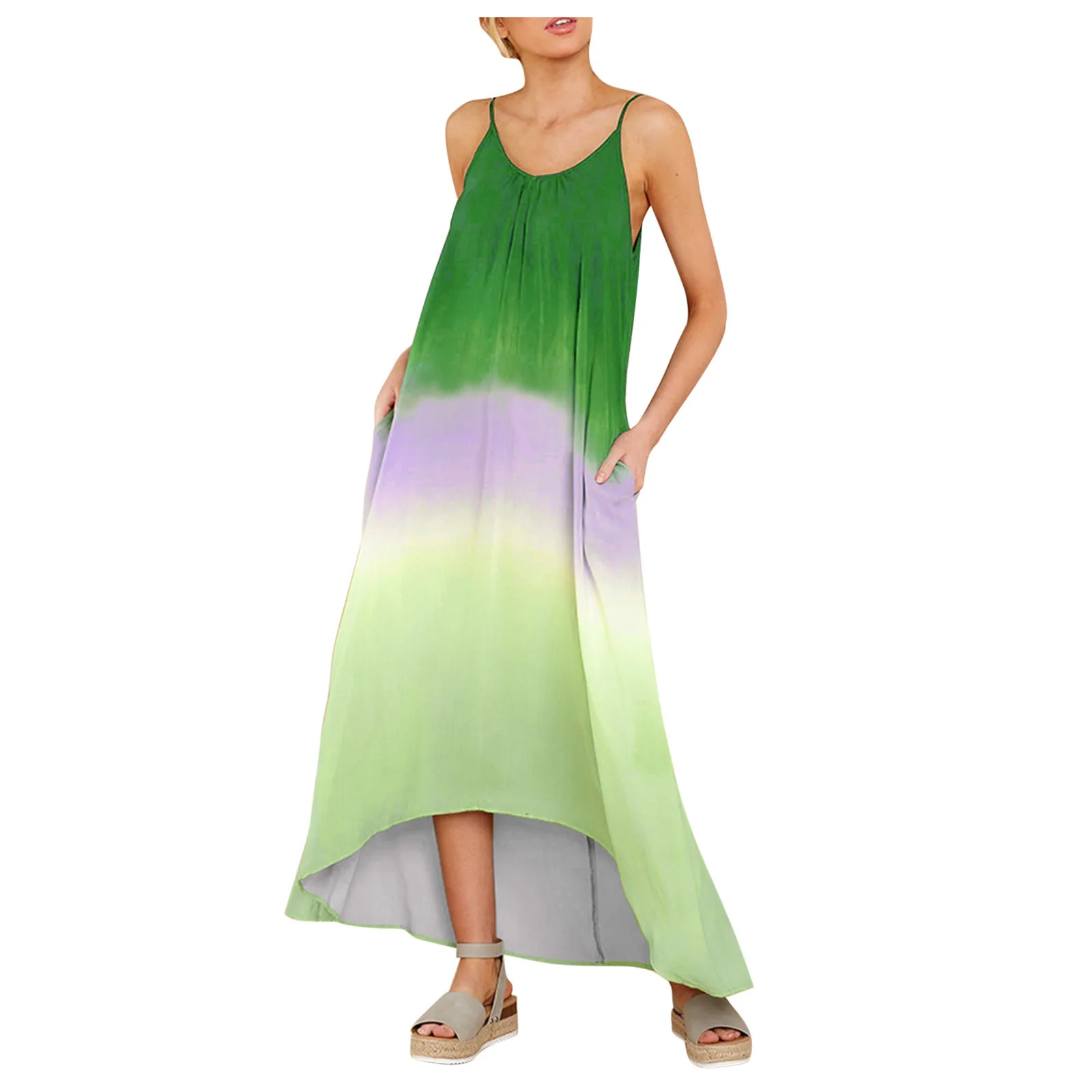 

Sagace Women Plus Size Tie-dy Gradient Dress O-neck Pockets High Quality Women Dress Sleeveless Maxi Very Soft Smooth Long Dress