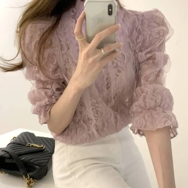 New Fashion 2021 OL Mesh Lace Shirt Crochet Flower Blouses Stand Collar Puff Sleeve Shirts Female Hollow Out Tops