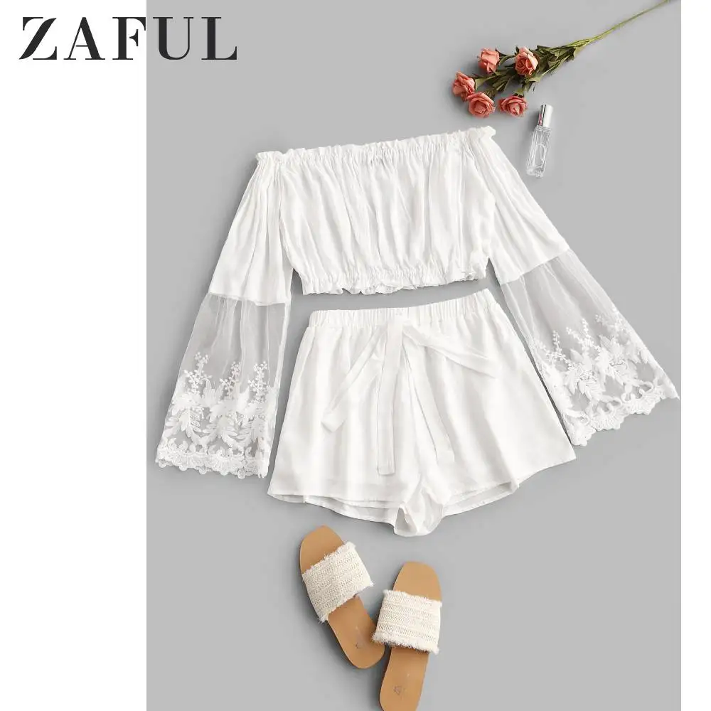 ZAFUL с открытыми плечами сетчатая панель укороченный костюм из двух частей