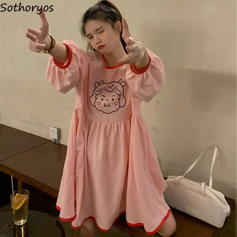 

Women Long Sleeve Dress Cartoon Girls Loose Waist A-line O-neck Teens Puff Sleeves Korean Fashion Kawaii Tender Mujer Streetwear