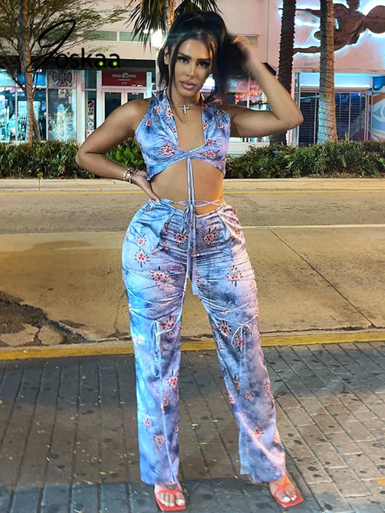 

Joskaa Graphic Printd Tank Top And Long Pants Summer V Neck Strench Outwear Clothes Sexy OL Office Two Piece Sets Outfits 2021