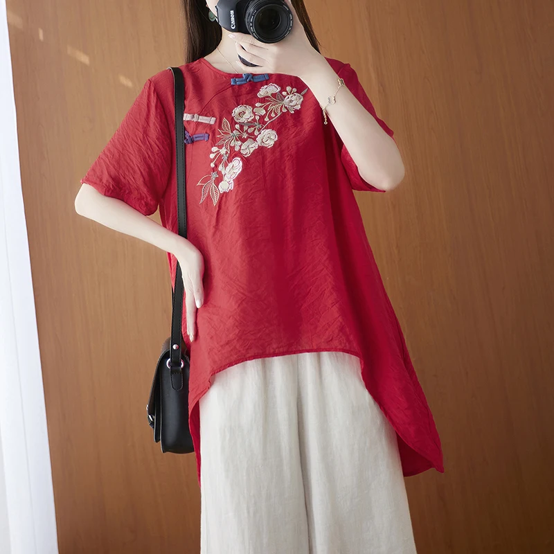 

DIMANAF Regular Size Women Blouse Shirts Linen Vintage Floral Print Embroidery Loose Casual Tops Korea 2021 Summer Style Shirts