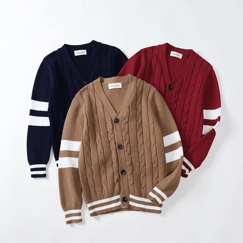 

Autumn Children Sweater Kids Knitted Sweaters For Boys School Striped Knit Cardigan Warm Baby Girl Jacket Vneck Coat Age 4-12