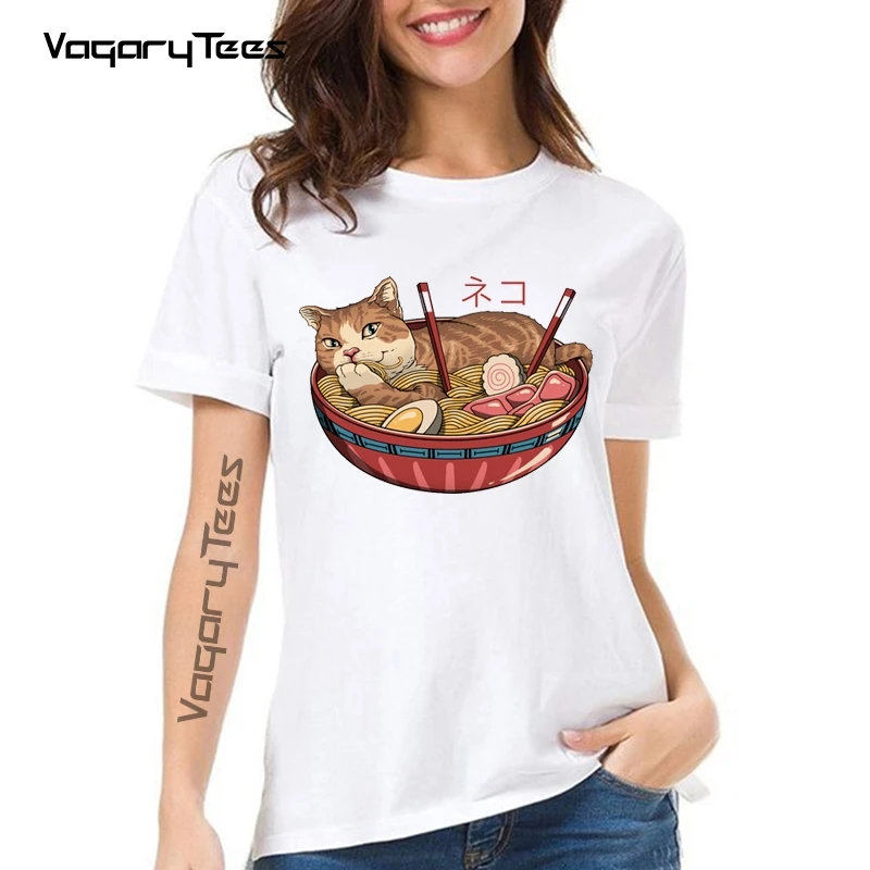 

Kawaii Ramen And Cats Noodles Japanese T Shirt Women Cute Cartoon Animals Cheap wholesale tees Summer fashion Tee
