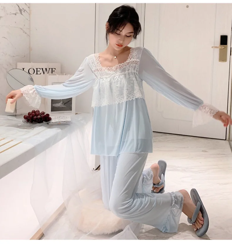 

White Pajamas for Women Spring/Summer Square Collar Long Sleeve Mesh Thin Modal Nighty Sweet Princess Style Homewear 2-Piece Set