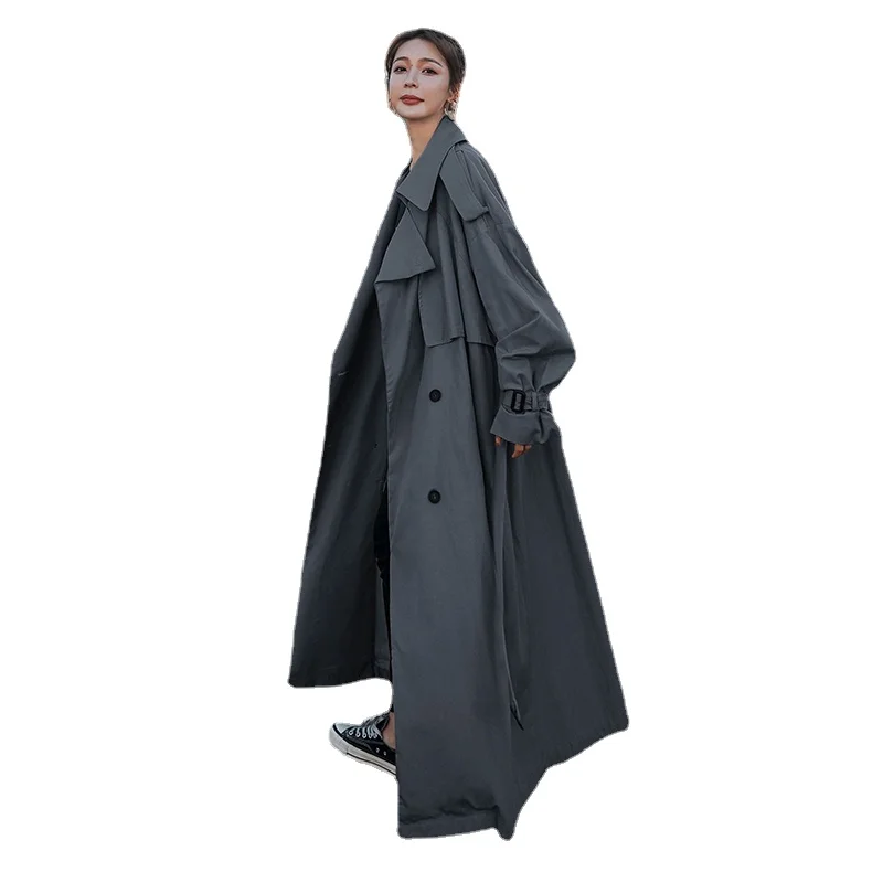 

Женский свободный тренчкот в Корейском стиле, длинное двубортное пальто с поясом, Женская ветровка, на весну и осень, серая верхняя одежда