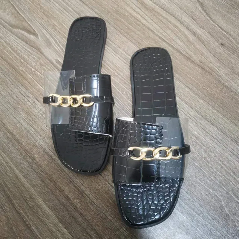 

2021 Summer Slippers New Women Candy Color Leather Metal Chain Decoration Slippers Flat Outdoor Beach Sandals Home Flip Flop