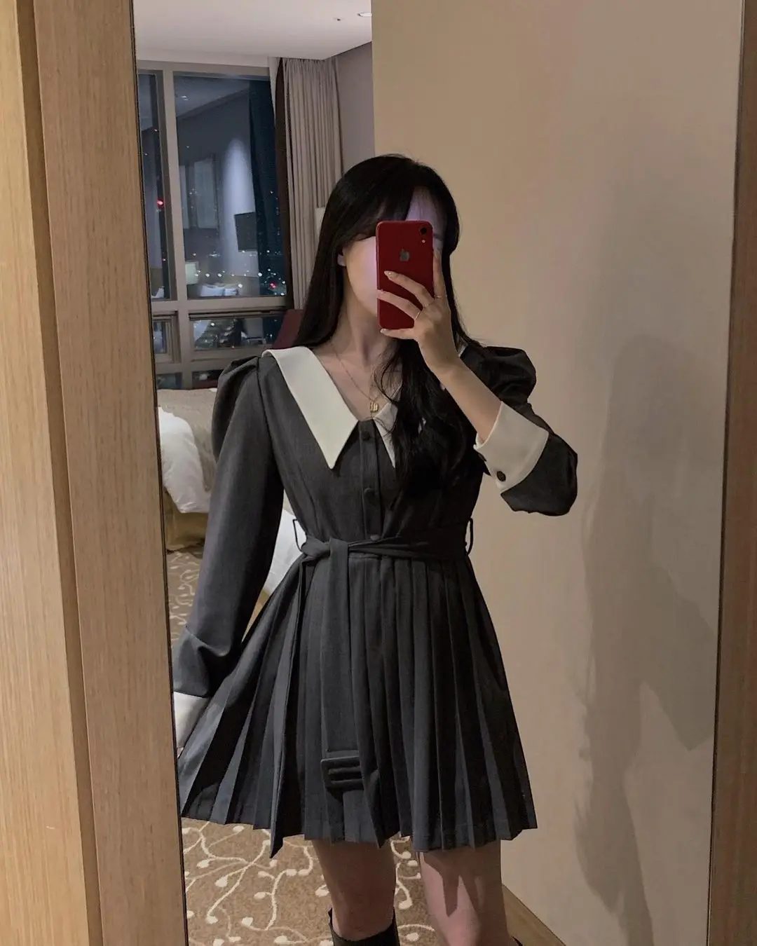 

Korean Ins Early Spring New Retro Japanese Sweet Girls' College Style Younger Contrast Color Lapels Pleated Dress